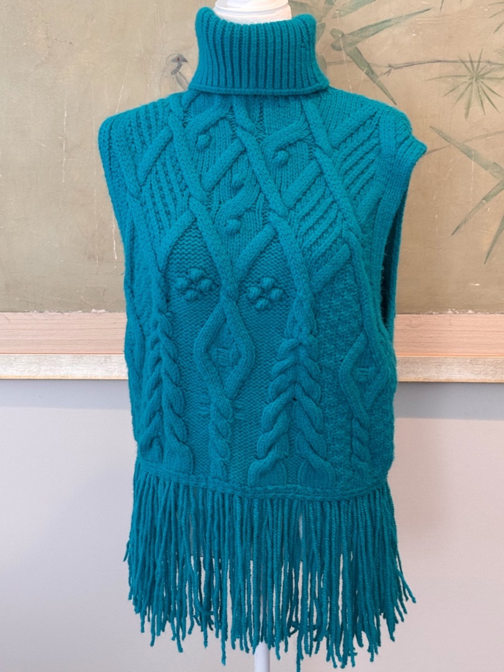 Fringe Bottom Turqouise T-neck Sweater Vest by Zara